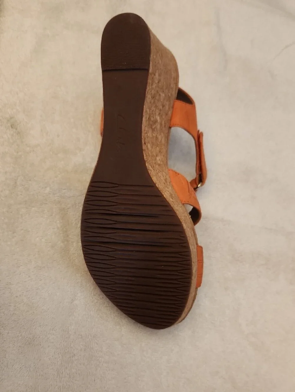 Clarks Women's Orange Cork Wedge Sandals, size 7.5